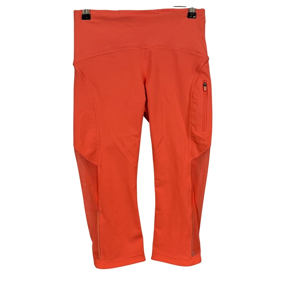 Lululemon Orange Mesh‎ Panel Crop Leggings •4• Side Zip Pocket Running Gym Yoga